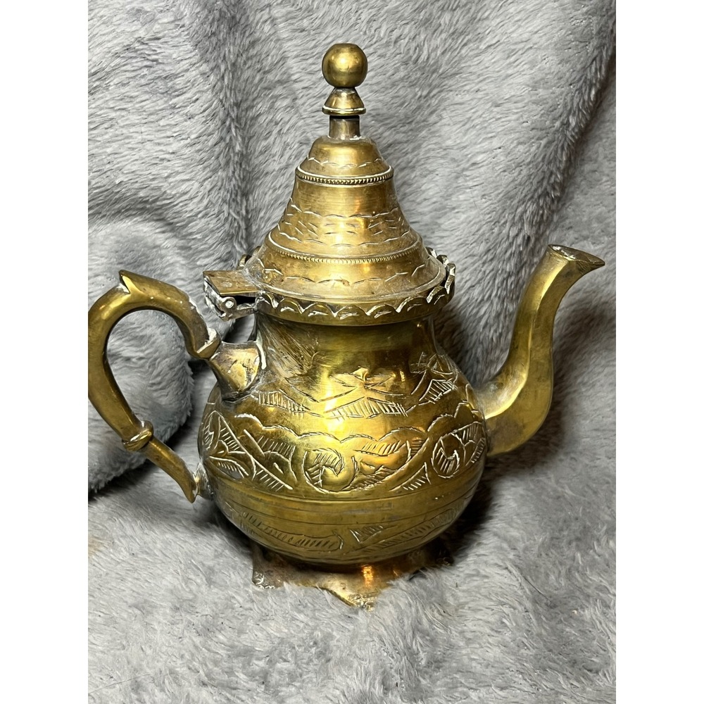 Vintage Brass Teapot‎ 9" Ornate Hand Engraved Middle Eastern Style Decor